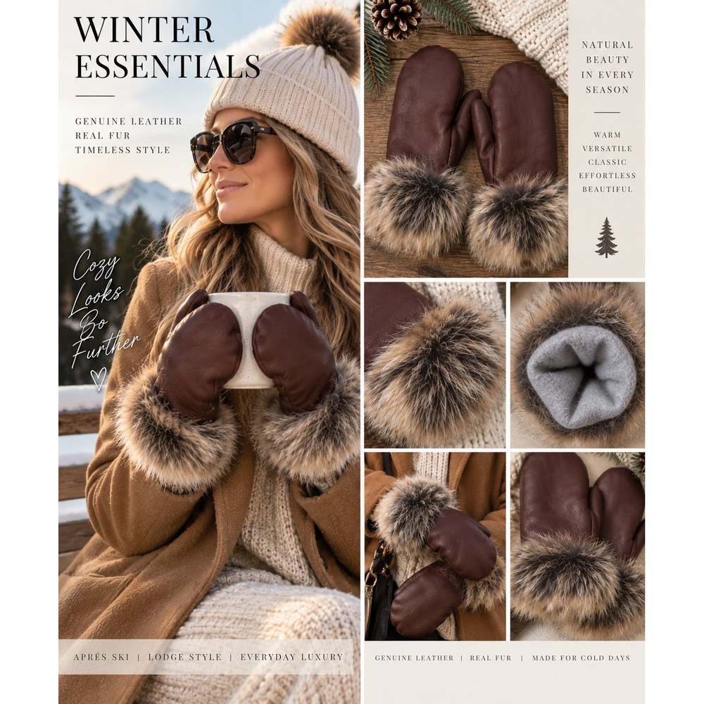 Handmade Burgundy Leather Mittens Natural Fur Trim Fleece Lining Apres Ski
